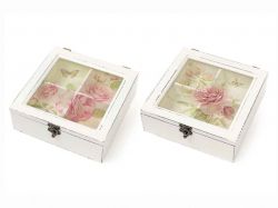 Коробка для чаю деревяна (4 відділення) зі скл. кришкою Квіти 487-310