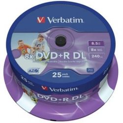  DVD+R 25 Verbatim, 8.5Gb (Double Layer), 8x, Printable, Cake Box (43667)