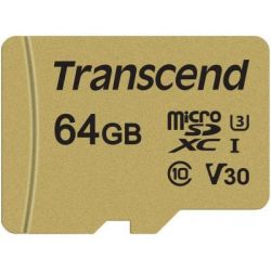 `i MicroSDXC 64GB UHS-I/U3 Class 10 Transcend 500S + SD-adapter (TS64GUSD500S)