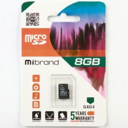 Карта памяти microSDHC, 8Gb, Class4, Mibrand, без адаптера (MICDC4/8GB)