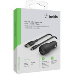   Belkin Car Charger (24W) Dual USB-A, USB-A - USB-C, 1m, black (CCE001BT1MBK) -  5