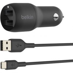   Belkin Car Charger (24W) Dual USB-A, USB-A - USB-C, 1m, black (CCE001BT1MBK) -  1