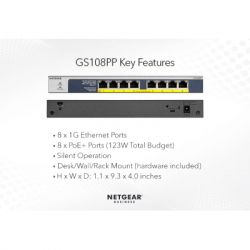NETGEAR  GS108PP 8xGE PoE+ (123), FlexPoE,  GS108PP-100EUS -  3