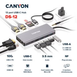 Порт-репликатор Canyon DS-12, 13 in 1 USB-C hub, 2*HDMI, Gigabit Ethernet, VGA, 3*USB3.0, PD/100W, 3.5mm audio jack (CNS-TDS12) - Картинка 2