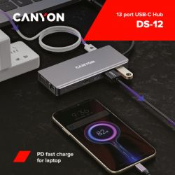 - Canyon DS-12, 13 in 1 USB-C hub, 2*HDMI, Gigabit Ethernet, VGA, 3*USB3.0, PD/100W, 3.5mm audio jack (CNS-TDS12) -  3