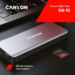 - Canyon DS-12, 13 in 1 USB-C hub, 2*HDMI, Gigabit Ethernet, VGA, 3*USB3.0, PD/100W, 3.5mm audio jack (CNS-TDS12) -  5