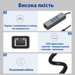  USB 3.0 Type-C/Type-A to RJ45 Gigabit Lan, 3*USB 3.0, cable 13 cm Dynamode (DM-AD-GLAN-U3) -  5