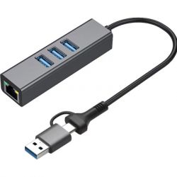  USB 3.0 Type-C/Type-A to RJ45 Gigabit Lan, 3*USB 3.0, cable 13 cm Dynamode (DM-AD-GLAN-U3) -  1