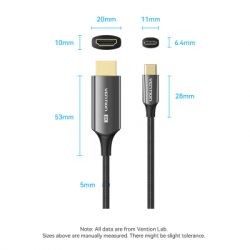 Кабель мультимедійний USB-C 3.1 to HDMI 1.8m 8K 60 Гц Zinc Alloy TPE Black Vention (CRCBAC) - Картинка 7