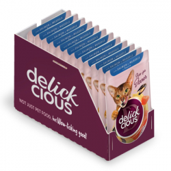 Вологий корм для кішок Delickcious Шматочки з лососем і мідіями в соусі 85 г (4820269143135) - Картинка 2