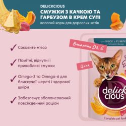 Вологий корм для кішок Delickcious Смужки з качкою та гарбузом в крем-супі 85 г (4820269141797) - Картинка 3