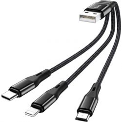 Дата кабель USB 2.0 AM to Lightning + Micro 5P + USB-C 0.25m 2.4A nylon X47 black HOCO (6931474727398) - Картинка 2