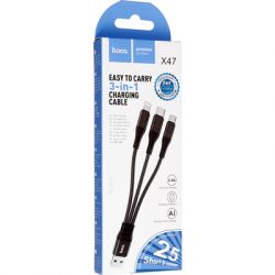 Дата кабель USB 2.0 AM to Lightning + Micro 5P + USB-C 0.25m 2.4A nylon X47 black HOCO (6931474727398) - Картинка 4