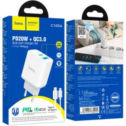 Зарядний пристрій HOCO C105A Stage 1xUSB-C PD20W + 1xUSB QC3.0 + cable USB-C to USB-C White (6931474782922) - Картинка 7