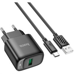 Зарядний пристрій HOCO C140A Smart USB QC3.0 + cable USB to USB-C Black (6942007627825) - Картинка 1