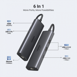 Концентратор UGREEN USB-C to HDMI + 2xUSB 3.2 + USB-C 3.2 + RJ45 + PD CM512 gray (45000) - Картинка 2