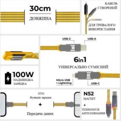 Дата кабель 6in1 inCharge XL 0.3m yellow Rolling Square (XLS03R) - Картинка 2