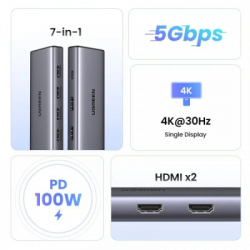 ����-���������� Ugreen Dock CM498 USB 3.0 Type-C -> 1�USB-A 3.0/3�USB-A 2.0/2xHDMI 4K 30�� PD (35897) - �������� 4