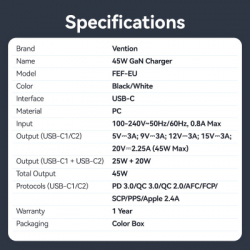 �������� ������� Vention 2xUSB-C PD45W GaN transparent white (FCFW0-EU) - �������� 5