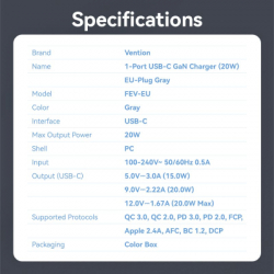 �������� ������� Vention USB-C PD20W GaN gray (FEVH0-EU) - �������� 11