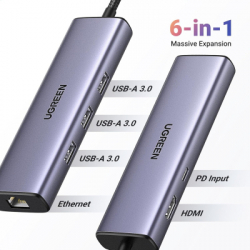 ������������ Ugreen USB-C 6-in-1 3xUSB 3.0 + HDMI 4K@30Hz + RJ45 1000Mbps + PD silver (15598) - �������� 3