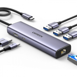 ������������ Ugreen USB-C 6-in-1 3xUSB 3.0 + HDMI 4K@30Hz + RJ45 1000Mbps + PD silver (15598)