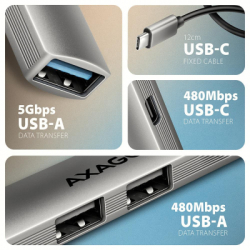 ������������ AXAGON USB-C to 1xUSB-A 5Gbps + 2xUSB-A 480Mbps + 1xUSB-C 480Mbps 0.12m aluminum (HUE-STC) - �������� 4