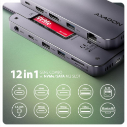 Концентратор AXAGON USB-C 12-in-1 HDMI + DisplayPort + RJ45 1000Mbps + PD100W aluminum gray (HMC-12GM2) - Картинка 3