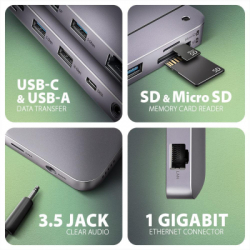 Концентратор AXAGON USB-C 12-in-1 HDMI + DisplayPort + RJ45 1000Mbps + PD100W aluminum gray (HMC-12GM2) - Картинка 4