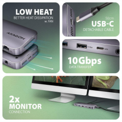 Концентратор AXAGON USB-C 12-in-1 HDMI + DisplayPort + RJ45 1000Mbps + PD100W aluminum gray (HMC-12GM2) - Картинка 6
