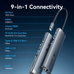 Концентратор Vention USB-C 9-in-1 HDMI 60Hz + 2xUSB 3.0 + RJ45 + SD/TF + 3.5mm + PD 100W (TGVHB) - Картинка 4