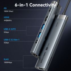 Концентратор Vention USB-C 6-in-1 HDMI + 2xUSB 3.0 + RJ45 + PD 100W (TGNHB) - Картинка 4