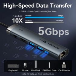 Концентратор Vention USB-C 6-in-1 HDMI + 2xUSB 3.0 + RJ45 + PD 100W (TGNHB) - Картинка 6