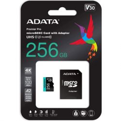 Карта пам'яті Карта пам'яті microSDXC, 256Gb, ADATA Premier Pro, Class10 UHS-I U3 V30 A2, SD адаптер, до 100/85 МБ/с (AUSDX256GUI3V30SA2-RA1) - Картинка 4