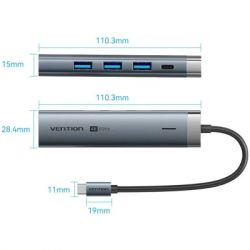 Концентратор Vention USB-C 5-in-1 3xUSB 3.0 + HDMI 4K60Hz + USB-C PD100W gray (TGMHB) - Картинка 2