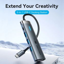 Концентратор Vention USB-C 5-in-1 3xUSB 3.0 + HDMI 4K60Hz + USB-C PD100W gray (TGMHB) - Картинка 3