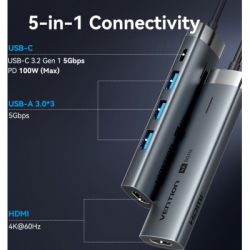 Концентратор Vention USB-C 5-in-1 3xUSB 3.0 + HDMI 4K60Hz + USB-C PD100W gray (TGMHB) - Картинка 4