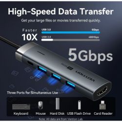 Концентратор Vention USB-C 5-in-1 3xUSB 3.0 + HDMI 4K60Hz + USB-C PD100W gray (TGMHB) - Картинка 7