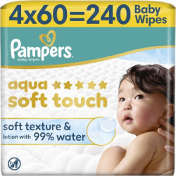 Детские влажные салфетки Pampers Aqua Soft Touch 4 x 60 pcs (240 pcs) (8006530140027) - Картинка 1