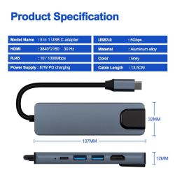  USB-C ProLogix (PR-WUC-103B) 5 in 1 USB3.1 Type C to HDMI+2*USB3.0+USB C PD+Lan HUB -  3