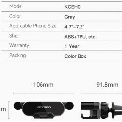 Автомобільний тримач для телефону "автозажимний" Vention триконтактний з сірою перекладиною (KCEHO) - Картинка 2