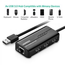  USB 3.0 Ugreen 3xUSB 2.0 + RJ45 1000M Ethernet, Black (20264) -  2