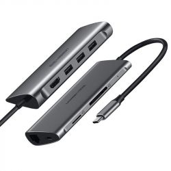  USB Type-C Ugreen CM121 3xUSB 3.0 + HDMI + RJ45 1000M Ethernet + Cardreader, Gray (50538) -  2