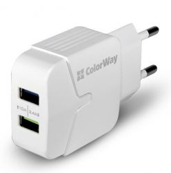 Сетевое зарядное устройство ColorWay, White, 2xUSB, 2.4A, (CW-CHS004-WT)