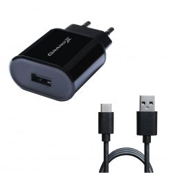   Grand-X CH-15T 5V 2,1A USB Black + cable USB -> Type C, Cu, 4A, TPE (CH-15T) -  1