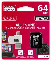   MicroSDXC  64GB UHS-I Class 10 GOODRAM + SD-adapter + OTG Card reader (M1A4-0640R12) -  3