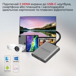 Адаптер Promate USB Type-C - 2xHDMI (M/F) MediaLink-H2 Grey (medialink-h2.grey) - Картинка 2