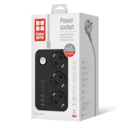 Գ���� ��������� ColorWay, 3 �������, 2 �, Black, 3xUSB (12 ��, QC3.0), 3xType-C (20 ��, PD3.0), ��� � �� (�� 2500 ��), 16A (CW-CHE36PDB)