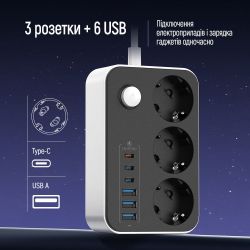 Фильтр сетевой ColorWay, 3 розетки, 2 м, Black, 3xUSB (12 Вт, QC3.0), 3xType-C (20 Вт, PD3.0), провод из меди (до 2500 Вт), 16A (CW-CHE36PDB) - Картинка 6