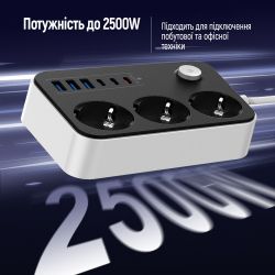 Фильтр сетевой ColorWay, 3 розетки, 2 м, Black, 3xUSB (12 Вт, QC3.0), 3xType-C (20 Вт, PD3.0), провод из меди (до 2500 Вт), 16A (CW-CHE36PDB) - Картинка 10